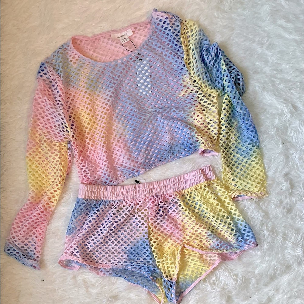 ISLA BONITA S/M Pastel Rainbow Mesh Lounge Set NWT – Tie-Dye Two-Piece Vibe!